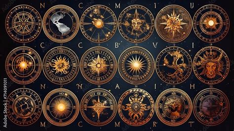 Zodiac signs and symbols in vintage style. A collection of golden ...