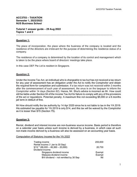 ACC 3703 Tut 1 Answer Guide ACC3703 Taxation Tutorials 1 ACC3703