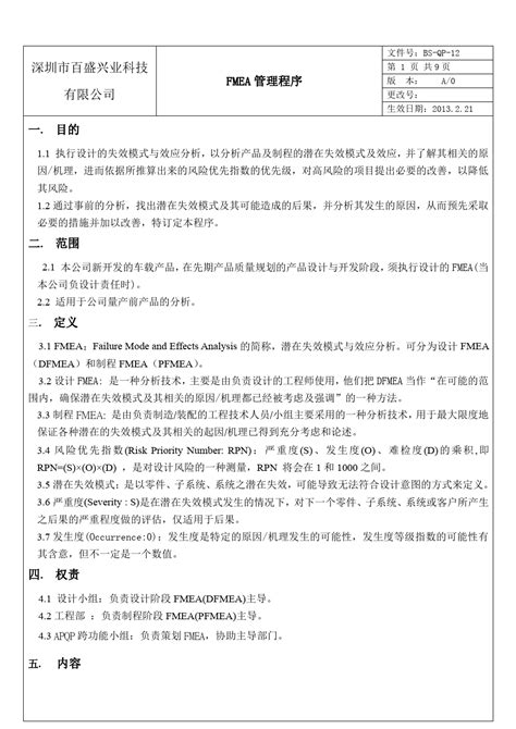 Fmea管理程序word文档在线阅读与下载免费文档