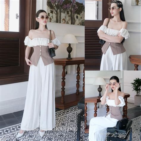 Set bộ đồ nữ áo trễ vai đính nút mix quần suông với tone màu phối trắng nude xinh xắn diện tôn