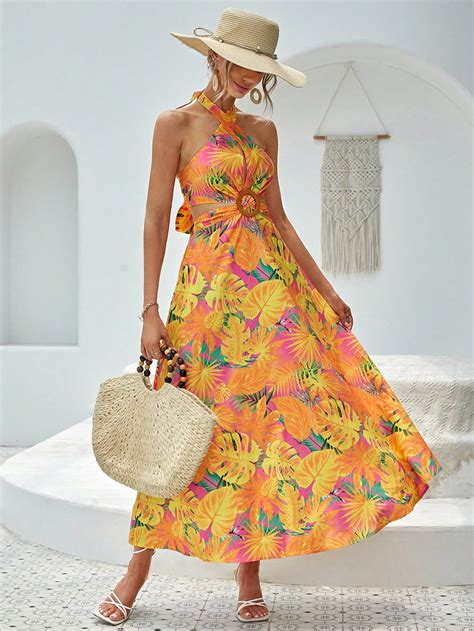 Shein Vcay Vestido Con Estampado Tropical Vinculado Con Aro Con