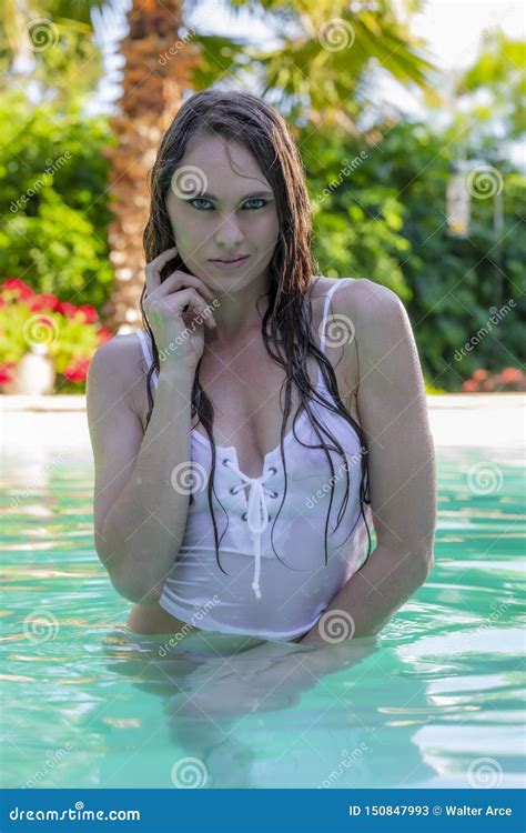 A Lovely Brunette Swimsuit Model Enjoys Her Holiday At The Pool Stock Image Image Of Erotic