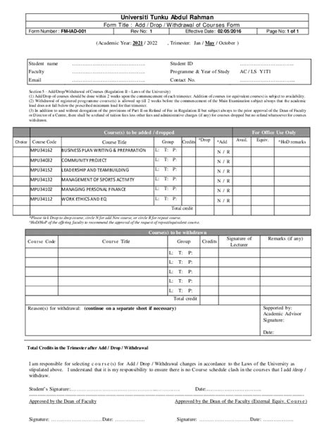 Fillable Online Add Drop Withdrawal Of Courses Form Fax Email Print