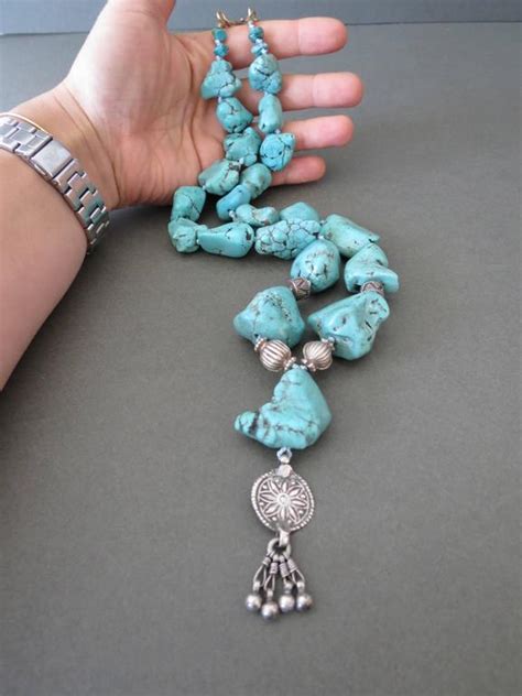 Vintage Turquoise Nugget Bead Necklace With Sterling Silver Details For