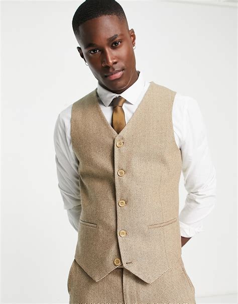 Asos Design Super Skinny Wool Mix Suit Waistcoat In Stone Herringbone