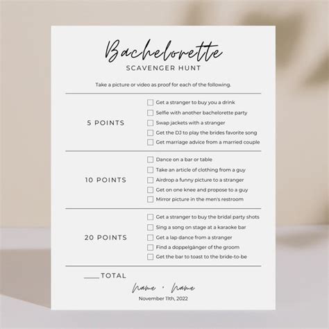 Bachelorette Party Scavenger Hunt Drinking Game Minimal Etsy