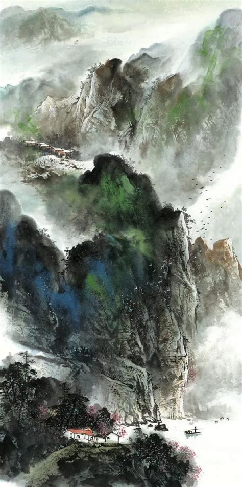 Abstract Blue Green Clouds And Mountain Landscape Painting Etsy