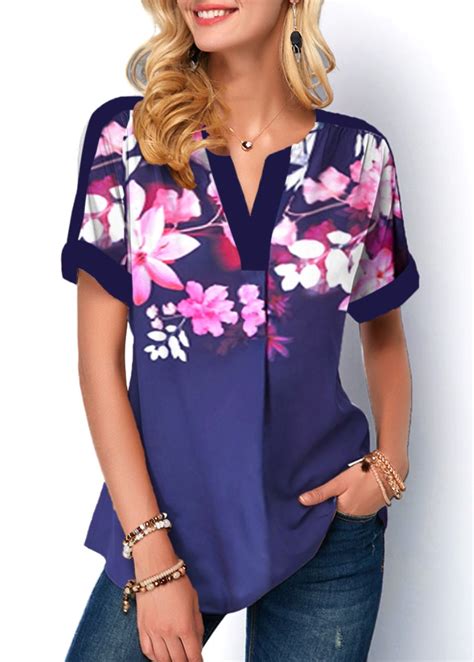 Navy Blue Floral Print Split Neck Blouse Rosewe USD 31 87