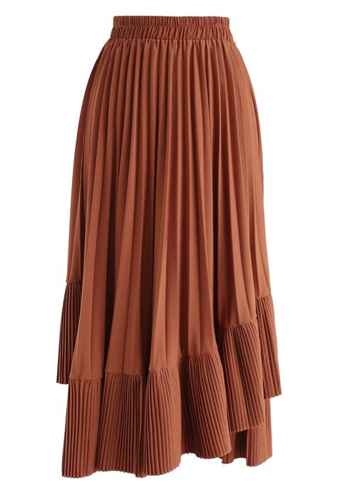 Asymmetric Hem Pleated Midi Skirt In Caramel Pleated Midi Skirt