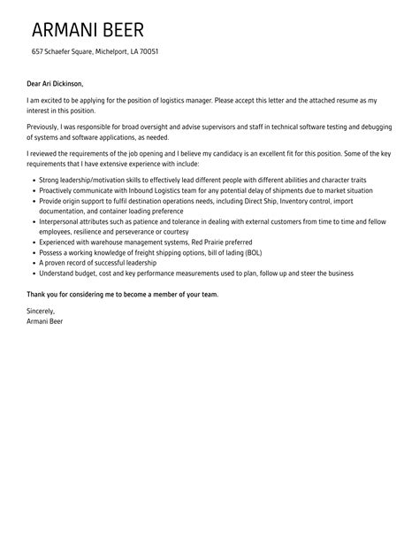 Logistics Manager Cover Letter Velvet Jobs