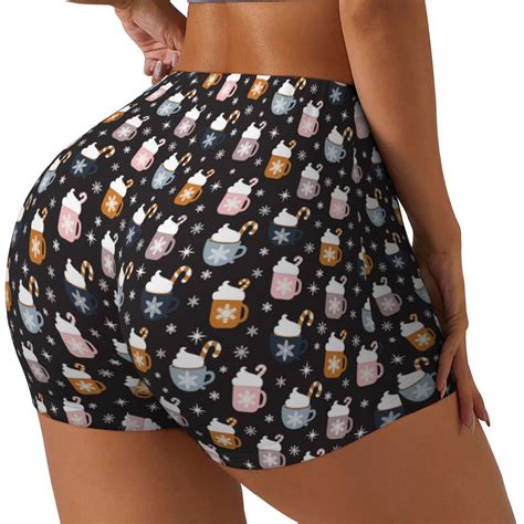 Junzan Snowflake Cream Hot Cocoa Pattern Women Workout Impact Shorts Scrunch Short Gym Yoga