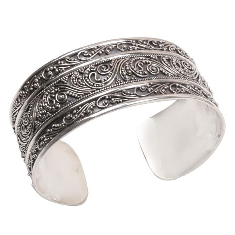 Intricate Sterling Silver Cuff Bracelet From Bali Temple Vine NOVICA