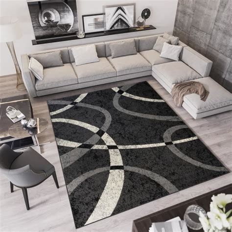 TAPISO Qmega Tapis Salon Chambre Ado Design Moderne Gris Foncé Crème