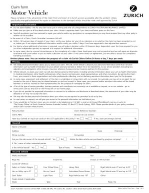 Fillable Online Claim Form Motor Vehicle Please Complete In Full All