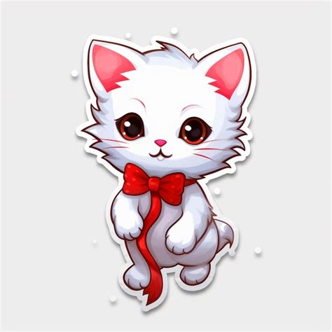 Premium Ai Image Cartoon White Cat With Red Bow Sitting On A White