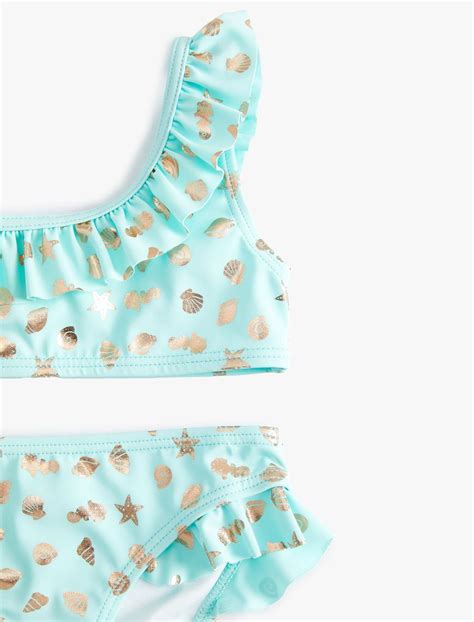 Mavi Kız Çocuk Bikini Takımı Parlak Baskılı Fırfırlı Tek Omuz İnce Askılı SKG MM Koton