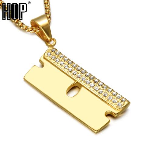 Hip Hop Bling Ice Out Razor Blade Pendants Necklaces Gold Color