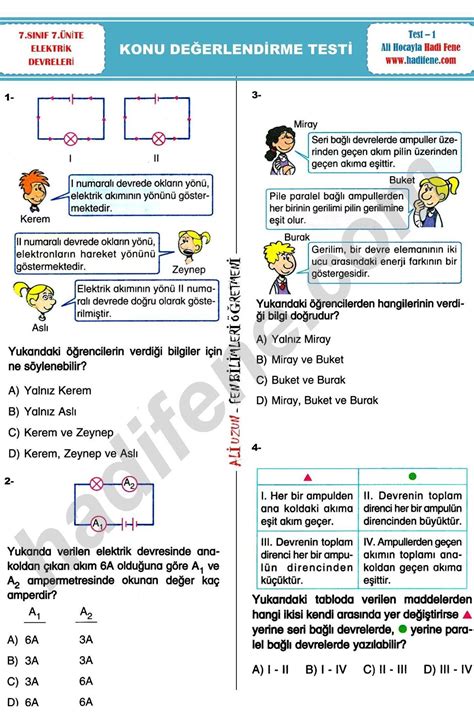 S N F Nite Elektrik Devreleri Konu De Erlendirme Testi Test Ali