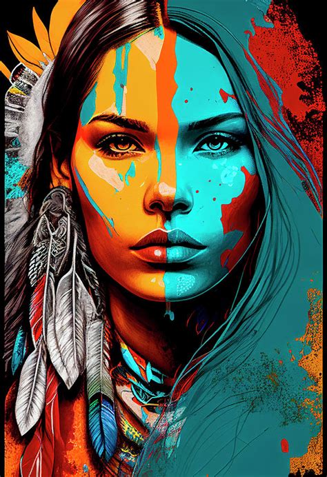 Native American Woman Mixed With Realism Pop Art Psychedelic Digital