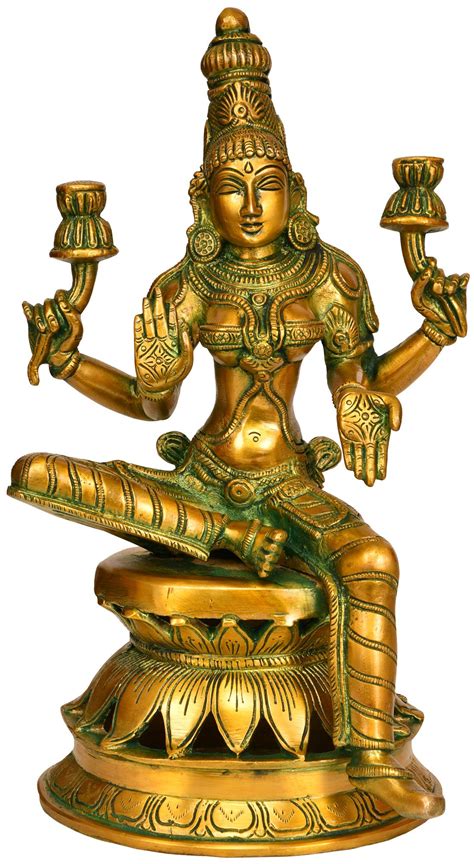 Goddess Lakshmi Seated On Lotus Pedestal In Brass Handmade Made