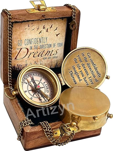 Solid Brass Thoreau S Go Confidently Quote Engraved Compass With Wooden Box