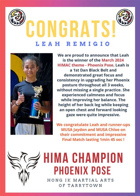 Hong Ik Martial Arts Of Tarrytown 2024 March HIMA Champion Phoenix