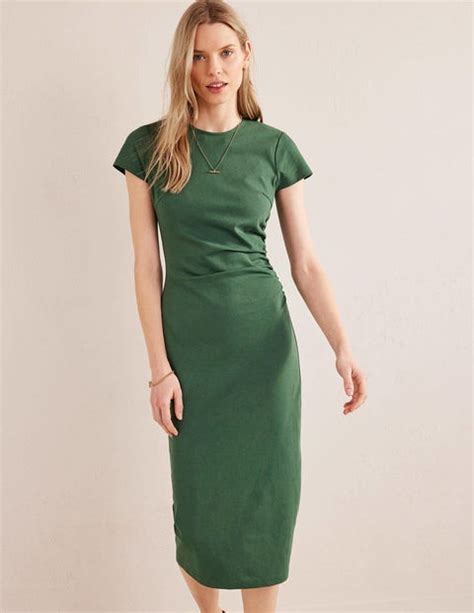 Side Ruched Jersey Midi Dress Palm Leaf Boden UK