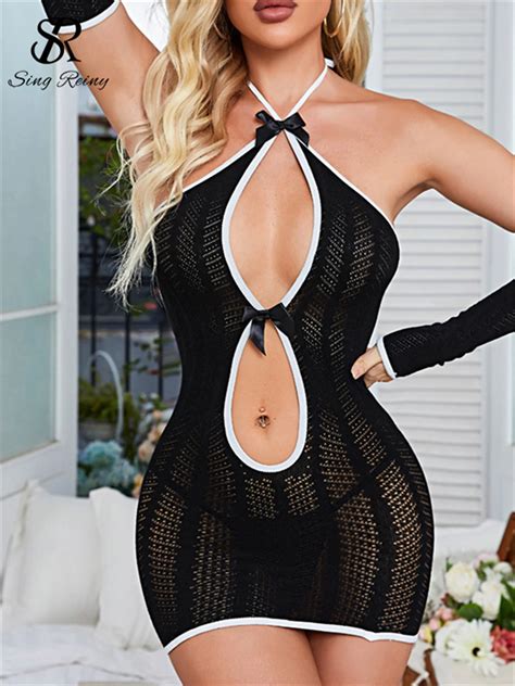 SINGREINY Erotic Nightwear Hollow Out Mesh Halter Backless Night Club