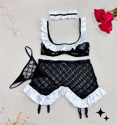 Generic Internet Celebrity Sheer Mesh Hollow Sexy Lace Home Maid Sexy Lingerie Three Piece Set
