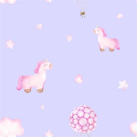 Premium Photo Watercolor Baby Seamless Pattern With Toy Pink Unicorn Hot Air Balloon Clouds
