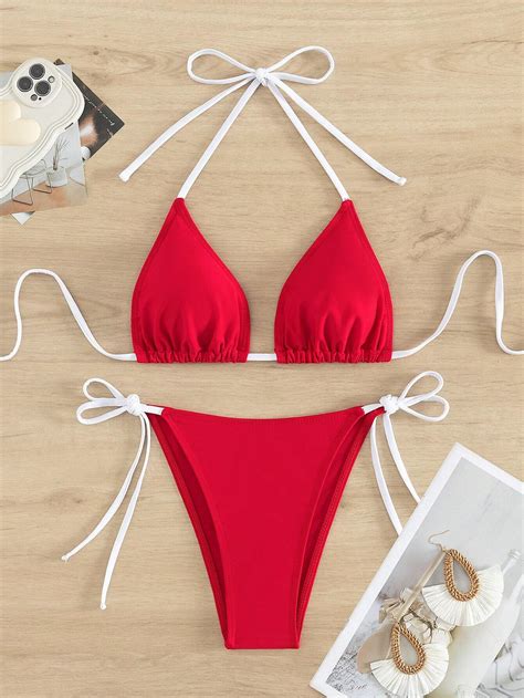 Summer Beach Color Block Halter Triangle Bikini Set With Separated Swimsuit SHEIN USA