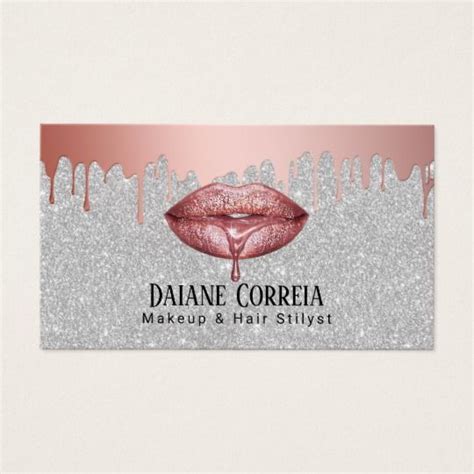 Makeup Artist Rose Gold Dripping Lips Silver Business Card Zazzle