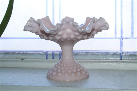 Vintage Fenton Glass Pink Hobnail Compote