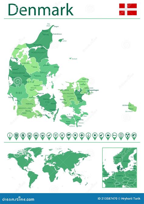 Denemarken Gedetailleerde Kaart En Vlag Denemarken Op Wereldkaart