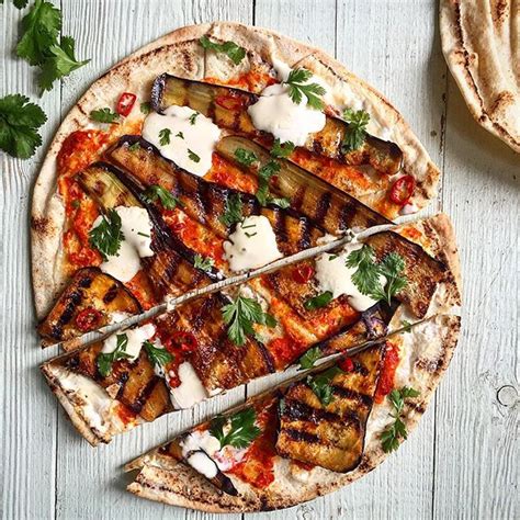 Harissa Grilled Eggplant Flatbread With Labneh And Roasted Red Pepper