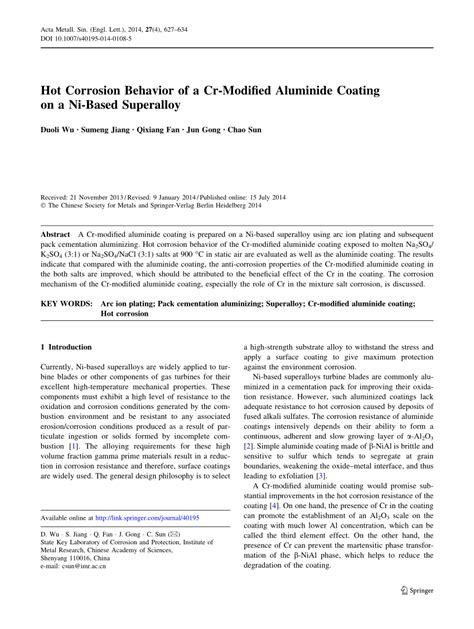 PDF Hot Corrosion Behavior Of A Cr Modified Aluminide Coating On A Ni Based Superalloy