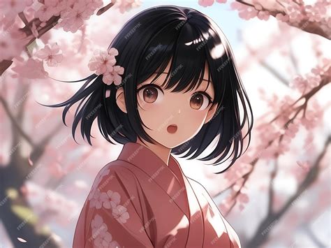 Premium Photo | Anime Girl in Kimono Among Cherry Blossoms