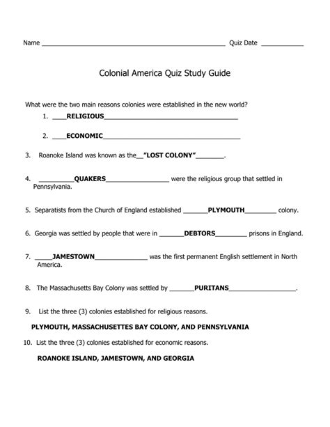 Colonial America Quiz Study Guide