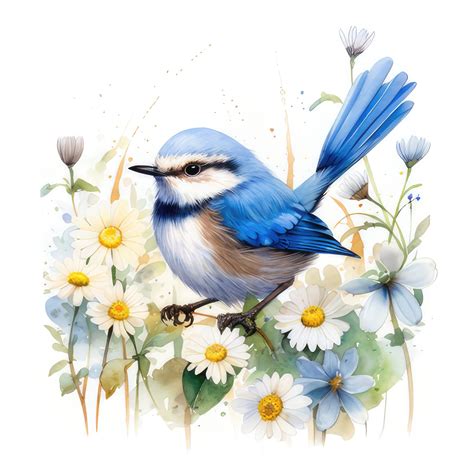 Blue Wren Bird With Flowers Clipart High Quality Jpgs High