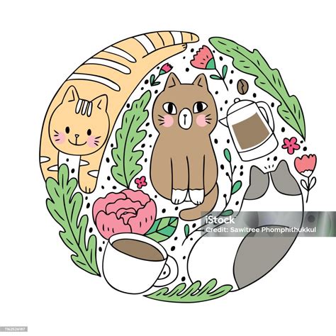 Cartoon Cute Cat And Coffee Vector Doodle Circle Frame Stock Illustration Download Image Now