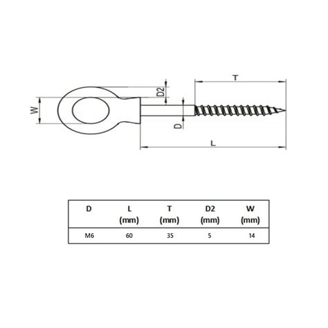 Piton inox à filetage bois M6 x 60mm