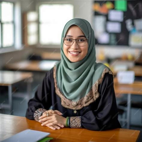 Premium Ai Image A Woman Wearing A Hijab Sits At A Desk In A Classroom