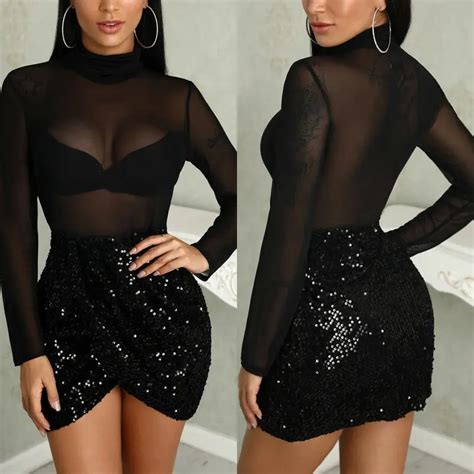 Women Sexy Dress Bandage Bodycon Slim Sequined Sequins Long Sleeve