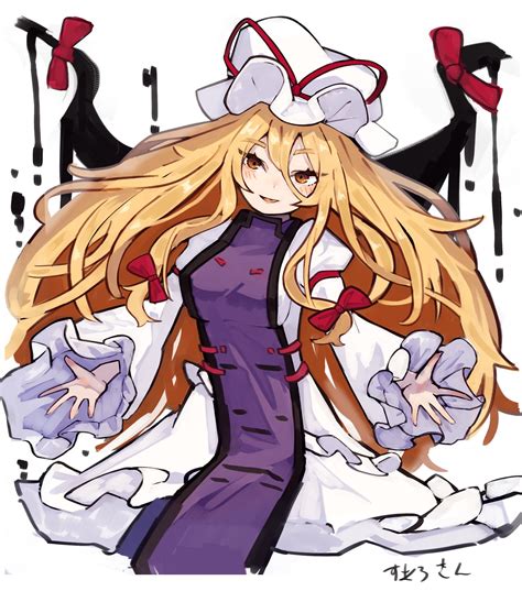 Suarokin Yakumo Yukari Touhou Highres 1girl Blonde Hair Blush Dress Frills Gap Touhou