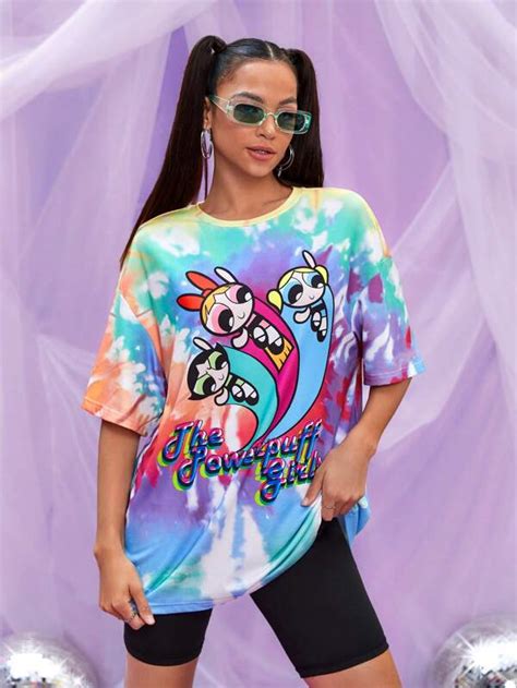 The Powerpuff Girls X Shein Tie Dye Cartoon Graphic Drop Shoulder Tee