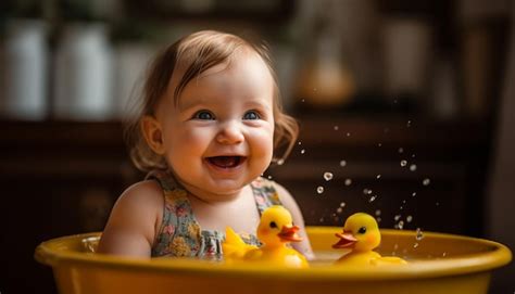 Premium AI Image Cute Baby Smiling In Bathtub With Yellow Duck Toy