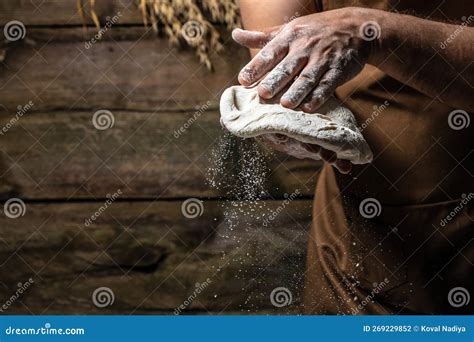 Pizza Dough Men Hands Cooking Bread Hands Kneading Raw Dough Stock