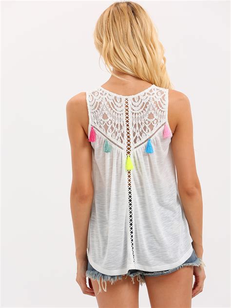 White Tassel Lace Patchwork Tank Top Sheinsheinside