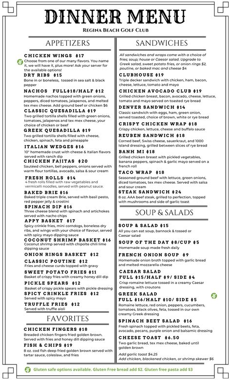 Regina Beach Golf Club Menus