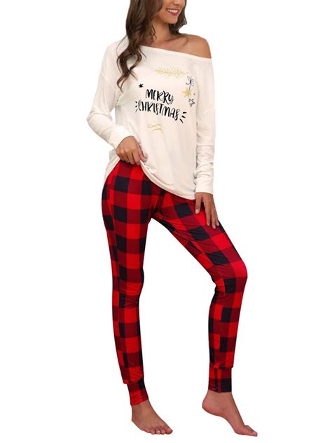 Plus Size Women Christmas Pajamas Matching Sets Long Sleeve Tops Plaid